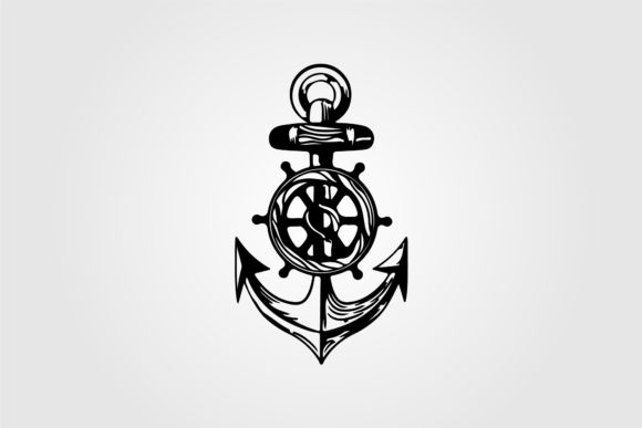Ship Steering Wheel and Anchor. Black